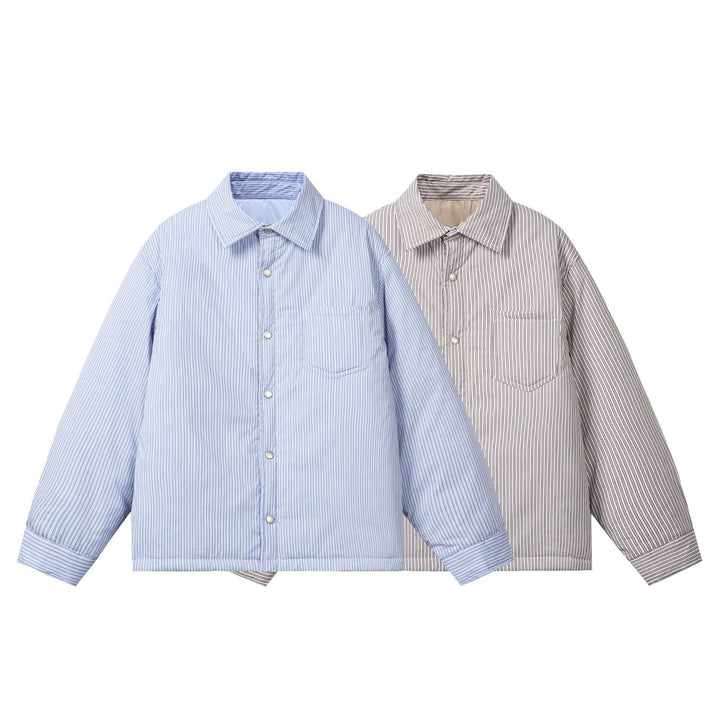 Unisex Striped Boxy Shirt Jacket with Snap Button Placket and Chest Pocket Mune Fashion