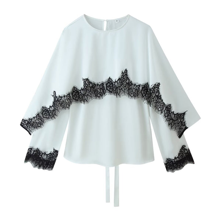 Women's elegant chiffon blouse with lace trim, wide kimono sleeves and tie belt.
