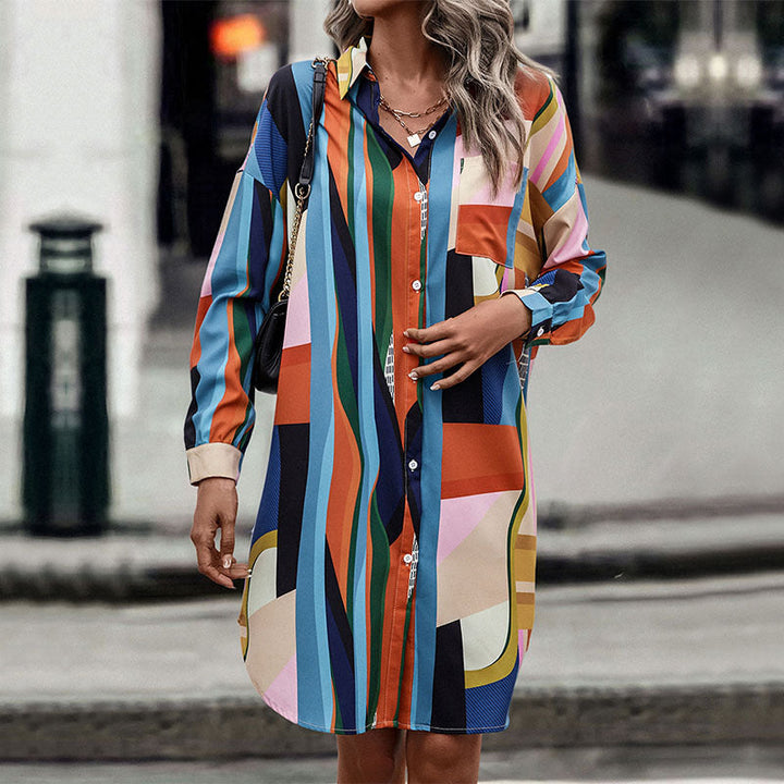 Women's shirt dress with graphic block stripes, fitted belt & continuous button placket Mune Fashion