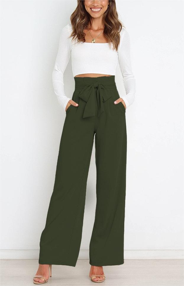 Women's Wide High-Waist Paperbag Pants with Pleats and Tie Belt Drune