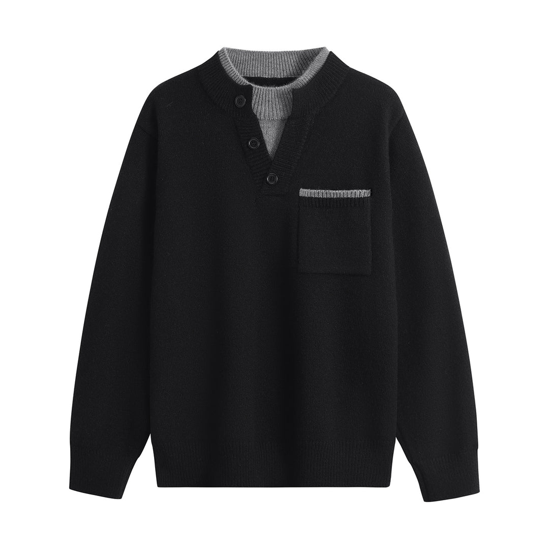 Men's fine knit Henley sweater with button placket, chest pocket & contrast collar Mune Fashion