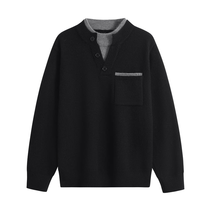 Men's fine knit Henley sweater with button placket, chest pocket & contrast collar Mune Fashion