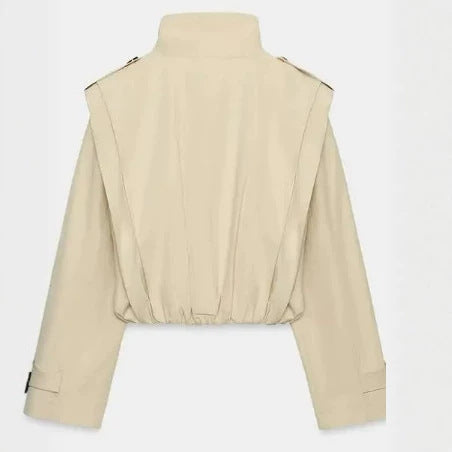 Women's Cropped Trench Coat with Double-Breasted Button Placket, High Stand-Up Collar and Tailored Elastic Waistband Mune Fashion