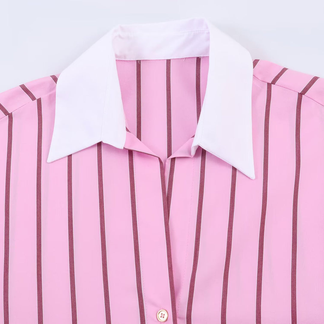 Women's Oversized Shirt Blouse with Contrast Collar, Cuffs and Vertical Stripe Pattern Mune Fashion