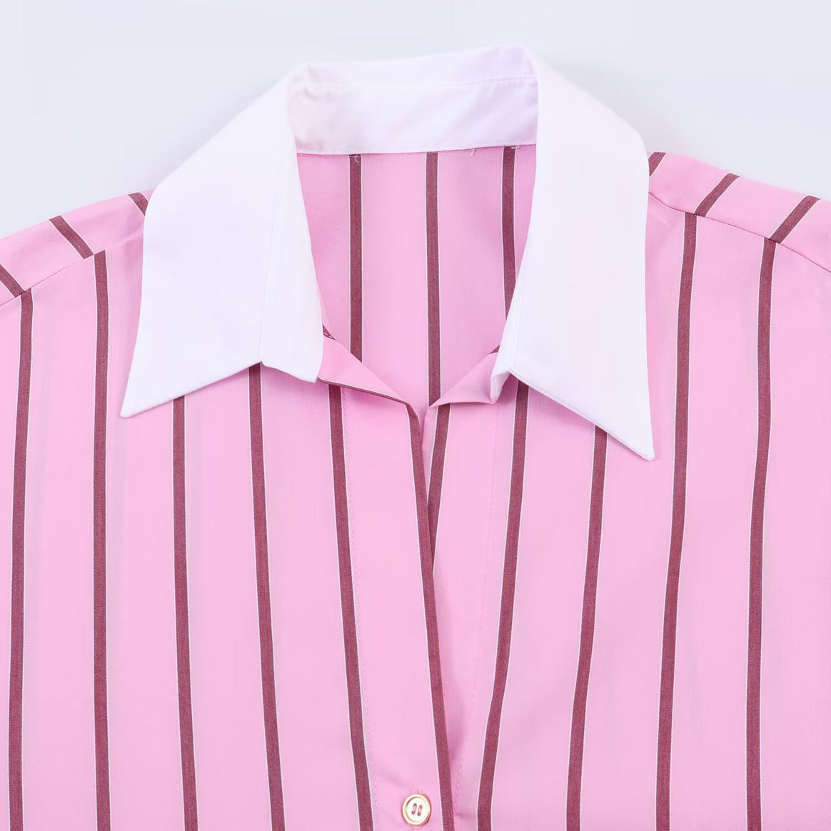 Women's Oversized Shirt Blouse with Contrast Collar, Cuffs and Vertical Stripe Pattern Mune Fashion