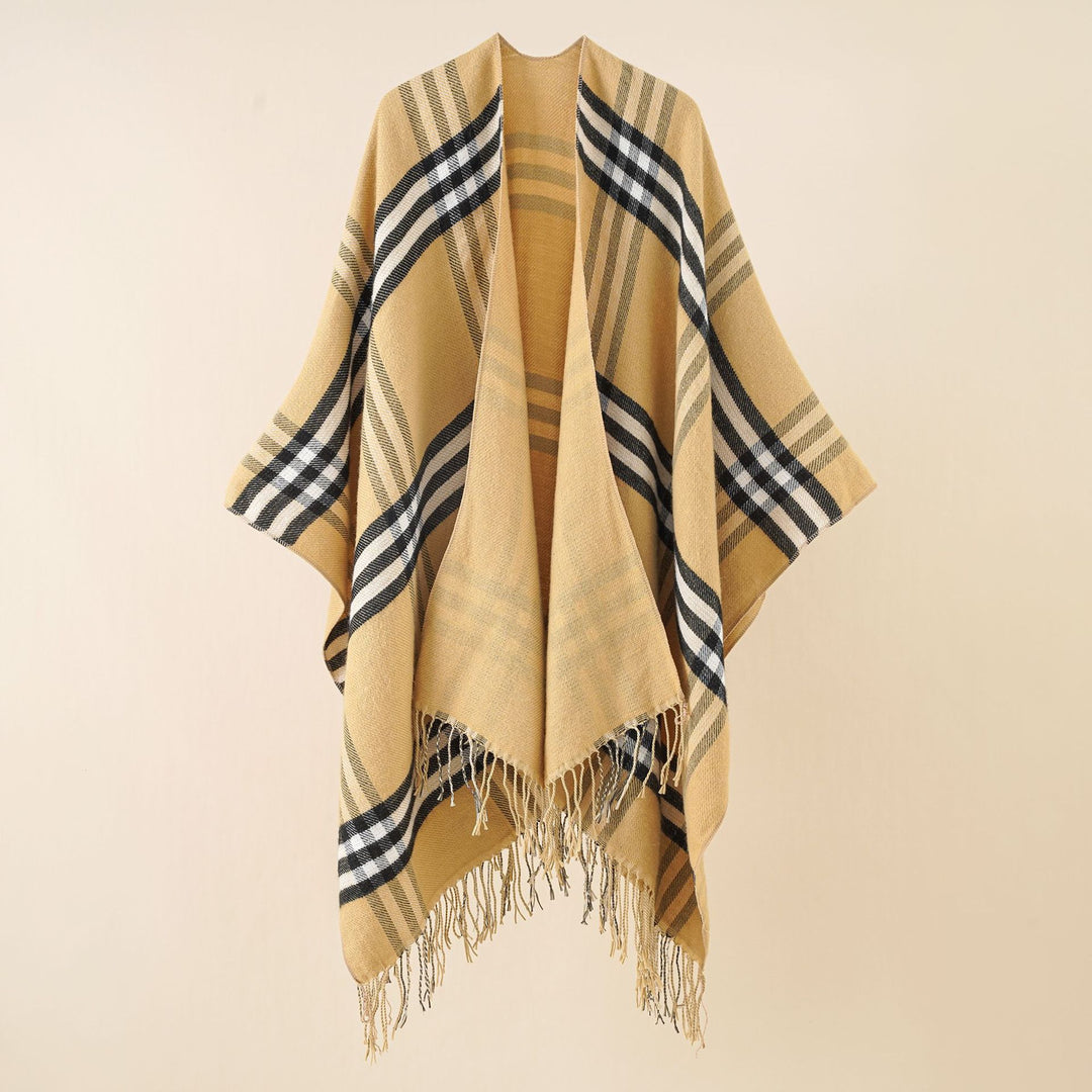 Women's Oversize Cloak with Check Pattern, Fringes and Wool Look Mune Fashion