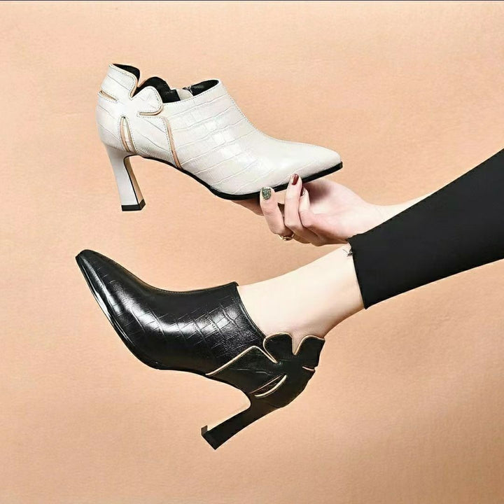 Ladies pointed toe ankle boots with crocodile embossing, side zipper and curved block heel Mune Fashion