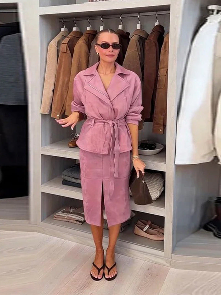 Women Two-Piece Velour Set with Fitted Wrap Blazer and Midi Skirt with Front Slit Mune Fashion