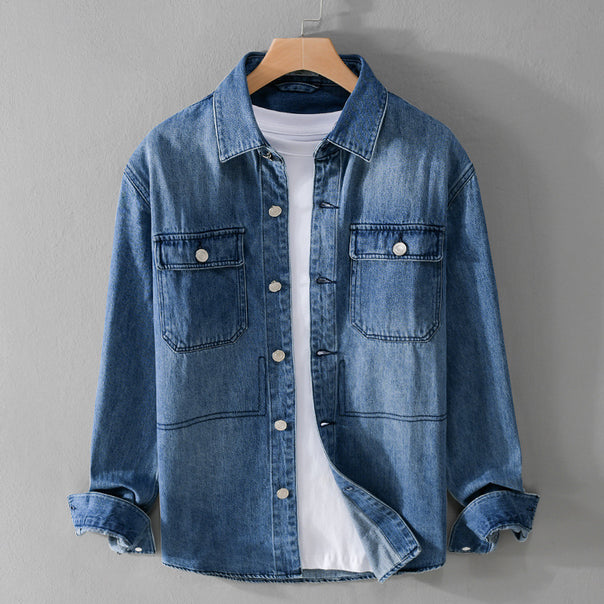 Men's Denim Utility Shirt Jacket with Chest Pockets and Casual Fit Mune Fashion