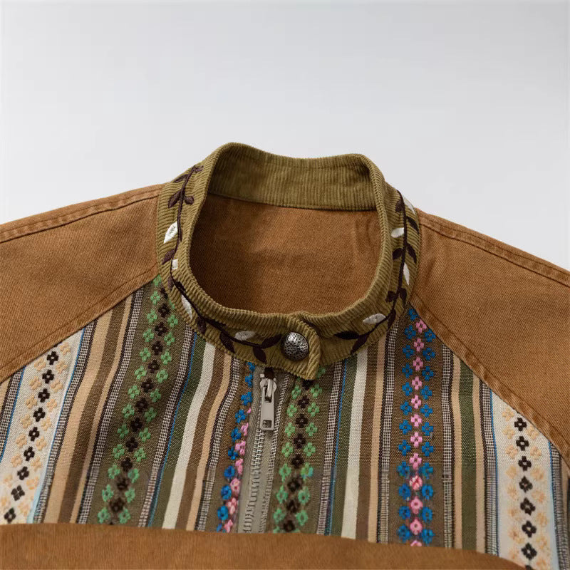 Women's Short Canvas Blouson with Woven Ethno Striped Front and Flap Pockets Mune Fashion