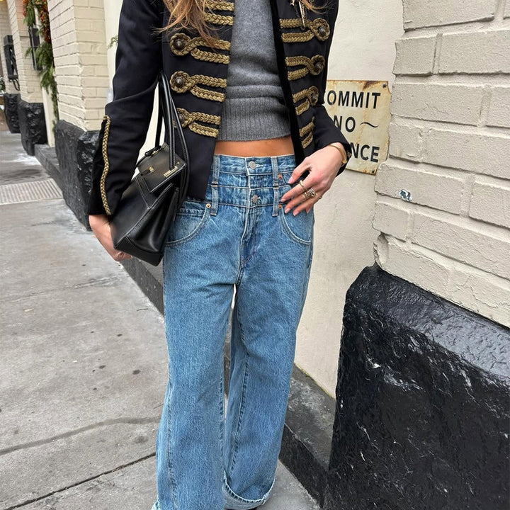Women Short Military Inspired Parade Jacket with Gold Cord Decoration Mune Fashion
