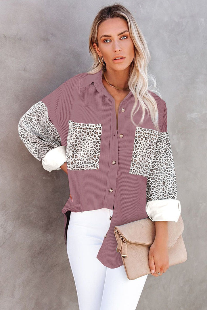 Ladies oversized shirt blouse with textured fabric and leopard print inserts Mune Fashion