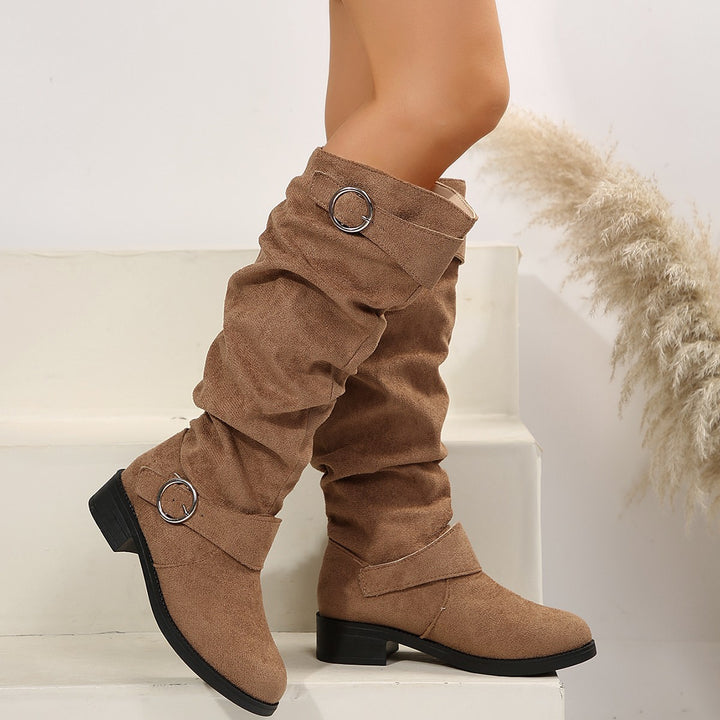 Women Slouch Knee-High Boots with Decorative Ring Strap and Low Block Heel Mune Fashion