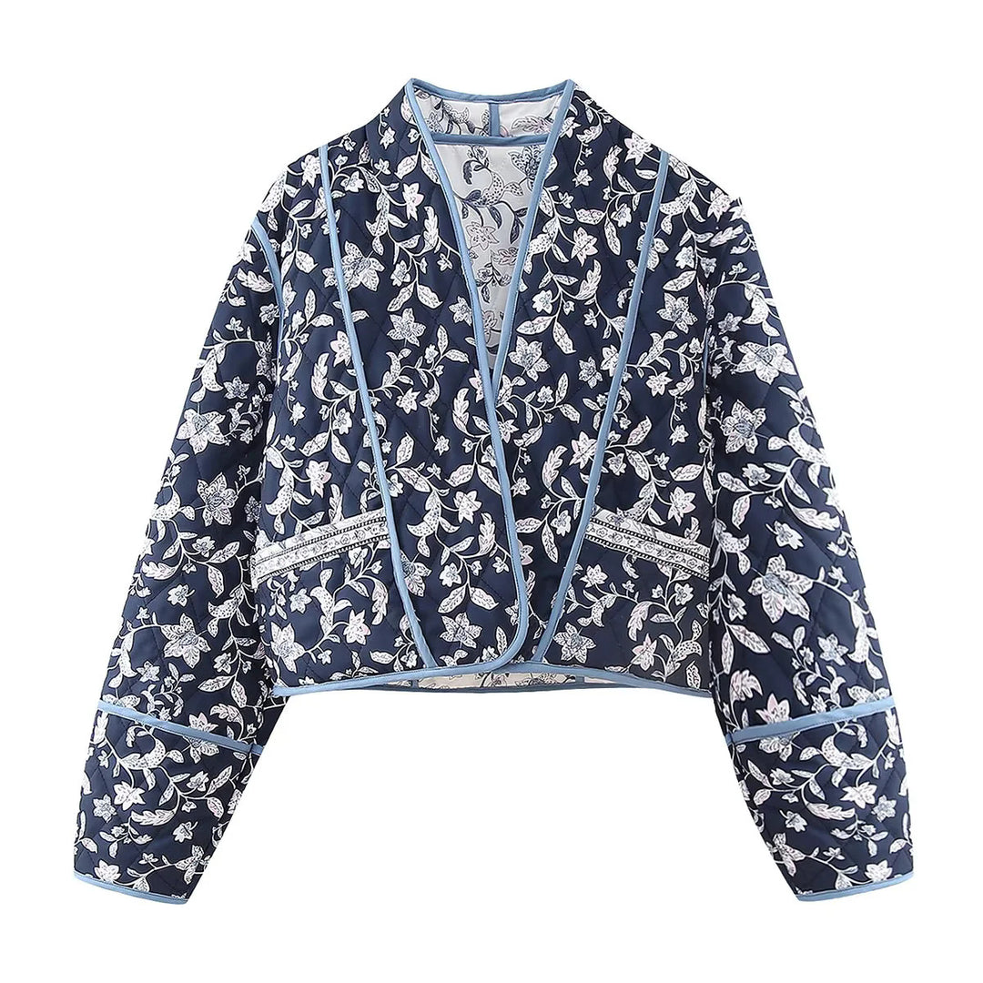 Ladies' quilted short reversible kimono jacket with floral all-over quilting, open V-neck and contrasting piping Mune Fashion