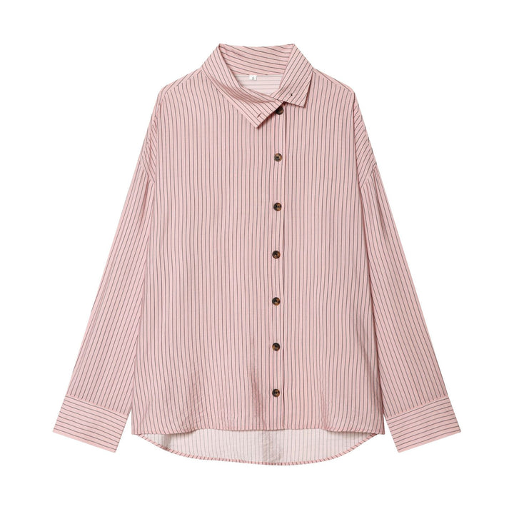 Women's Oversize Shirt Blouse with Asymmetrical Stand Collar and Extended Back Section Mune Fashion