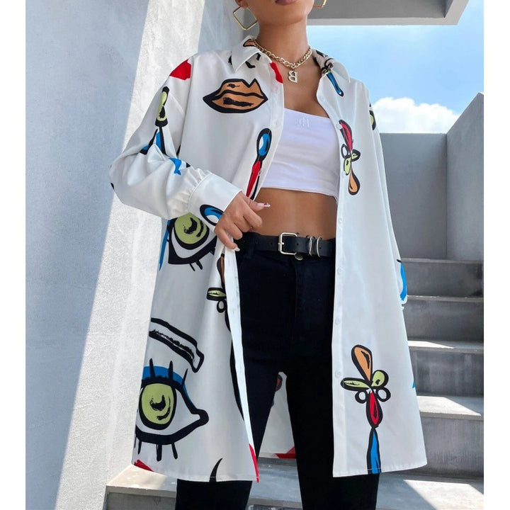 Women's Oversized Long Blouse with Pop Art Print, Shirt Collar and Continuous Button Placket Mune Fashion