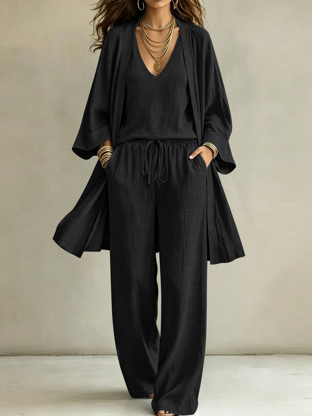 Women Casual Lounge Set with Kimono Cardigan, V-Neck Shirt and Wide Cord Pants Drune