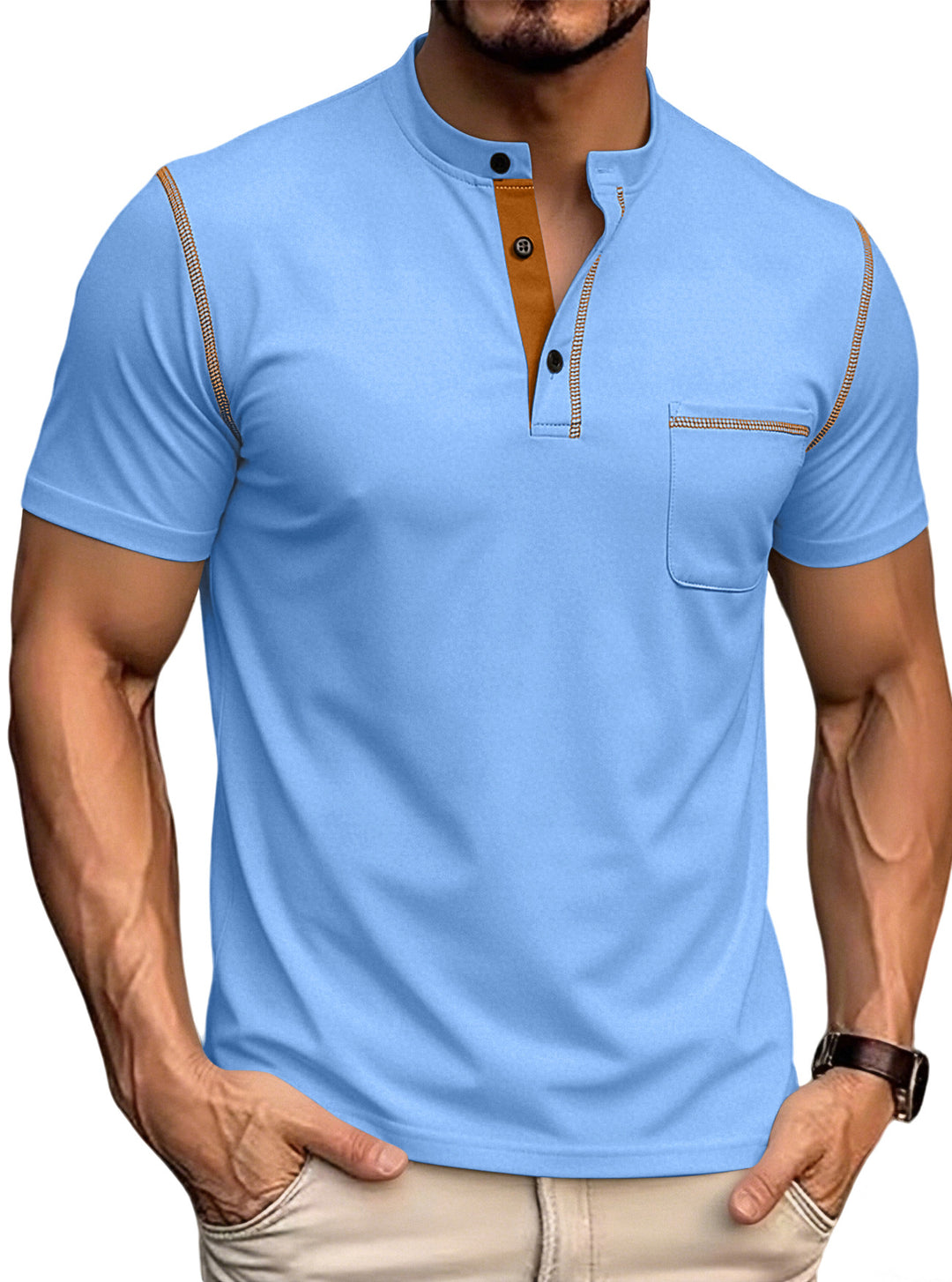 Men's short-sleeved polo shirt with stand-up collar button placket chest pocket made of elastic cotton blend Mune Fashion
