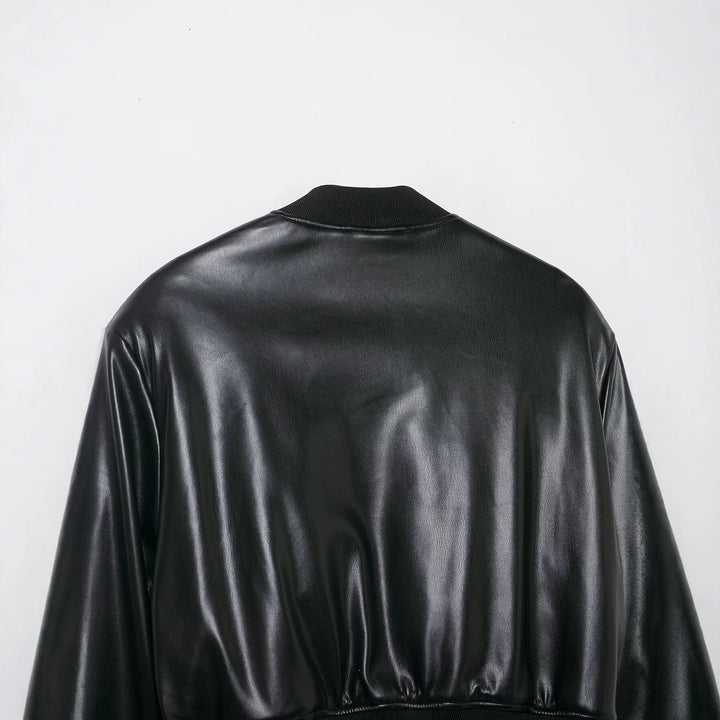 Women's Short Leather Look Bomber Jacket with Ribbed Cuffs Drune