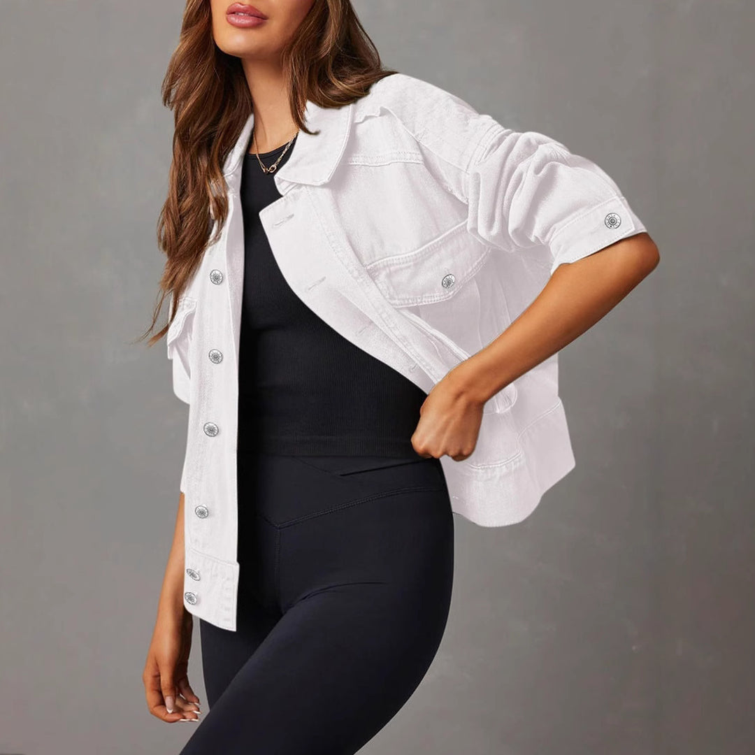 Women's oversized denim jacket with patch breast pockets and roll-up sleeves Mune Fashion