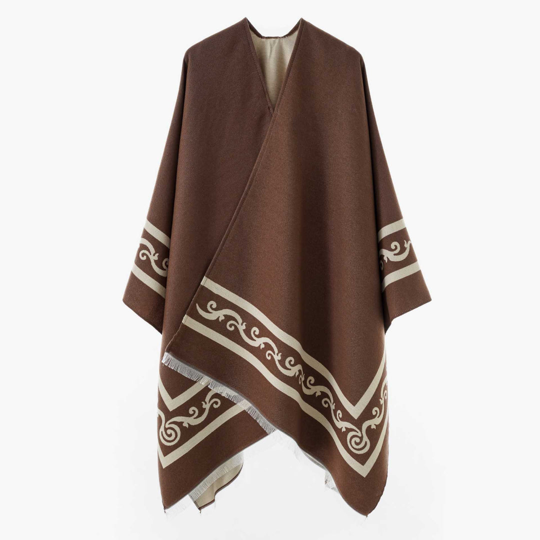 Women's Oversize Cape with Geometric Jacquard and Fringe Hem Mune Fashion