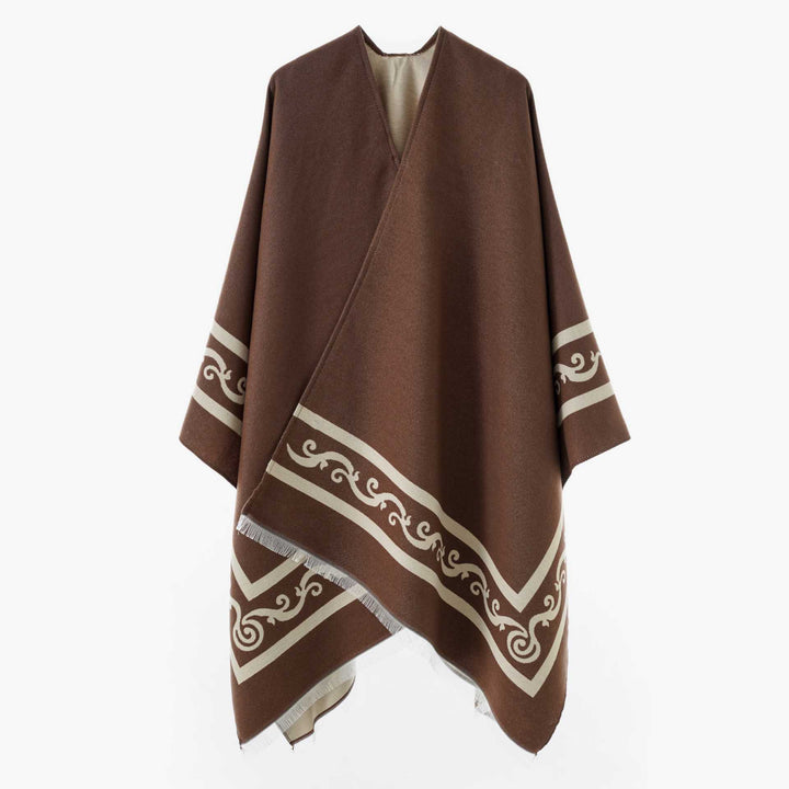 Women's Oversize Cape with Geometric Jacquard and Fringe Hem Mune Fashion