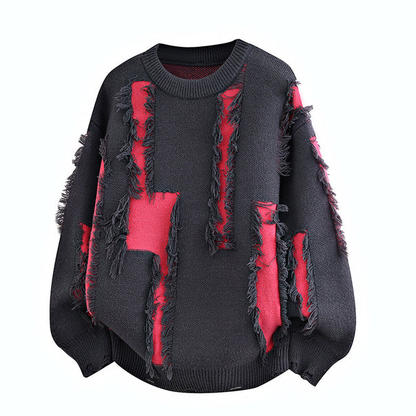 Men's Oversized Knit Sweater with Fringe Applications and Balloon Sleeves Mune Fashion