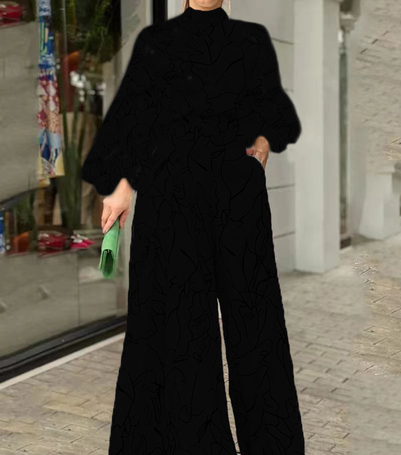 Women's Elegant Longline Jumpsuit with Stand Collar, Balloon Sleeves and Side Pockets