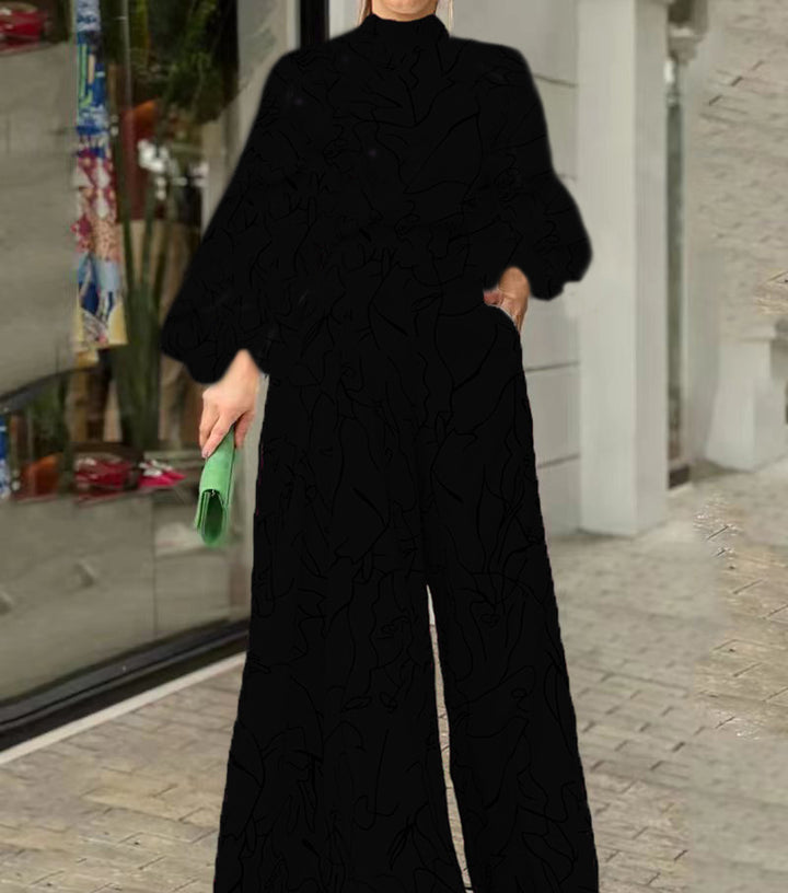 Women's Elegant Longline Jumpsuit with Stand Collar, Balloon Sleeves and Side Pockets