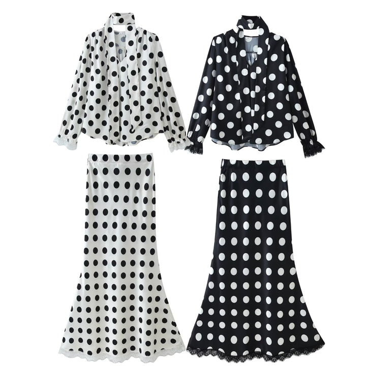 Women Two-Piece Dotted Silk Blouse and Midi Skirt Set with Shawl Collar Mune Fashion