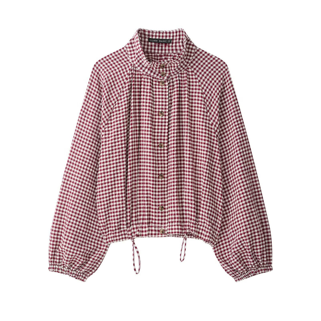 Ladies Checked Blouse with Stand Collar, Raglan Sleeves and Drawstring Hem Mune Fashion
