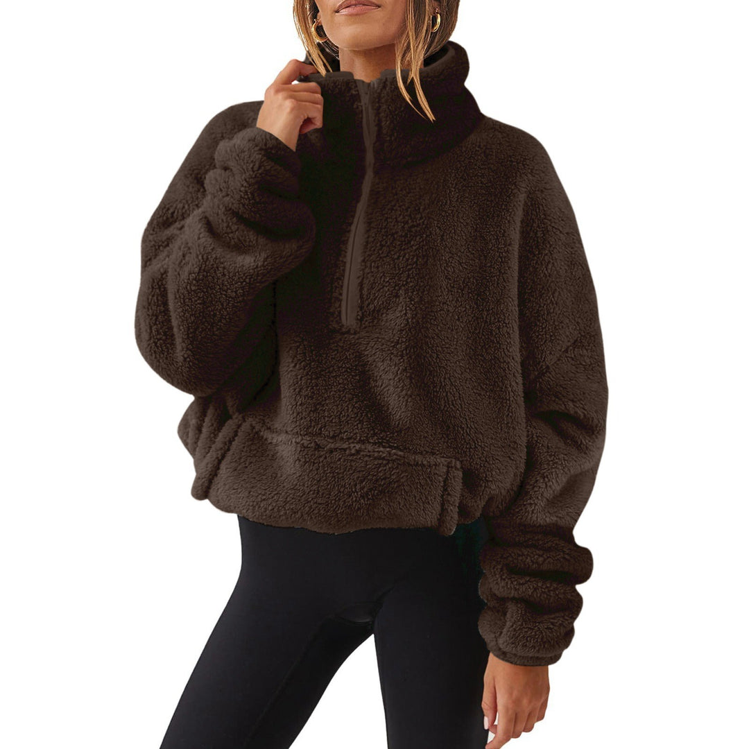 Women’s Oversize Half-Zip Teddy Fleece Pullover with Kangaroo Pocket and High Stand Collar Mune Fashion