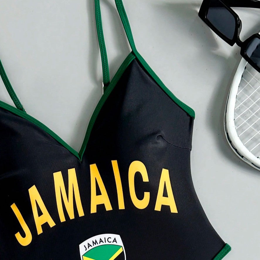 Ladies sporty one-piece swimsuit with distinctive logo motif Mune Fashion