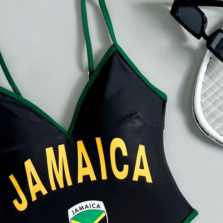 Ladies sporty one-piece swimsuit with distinctive logo motif Mune Fashion