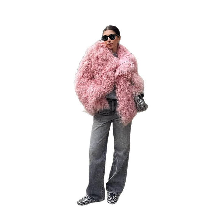 Women Short Cut Shaggy Faux Fur Coat with voluminous Shawl Collar and Oversized Silhouette Mune Fashion