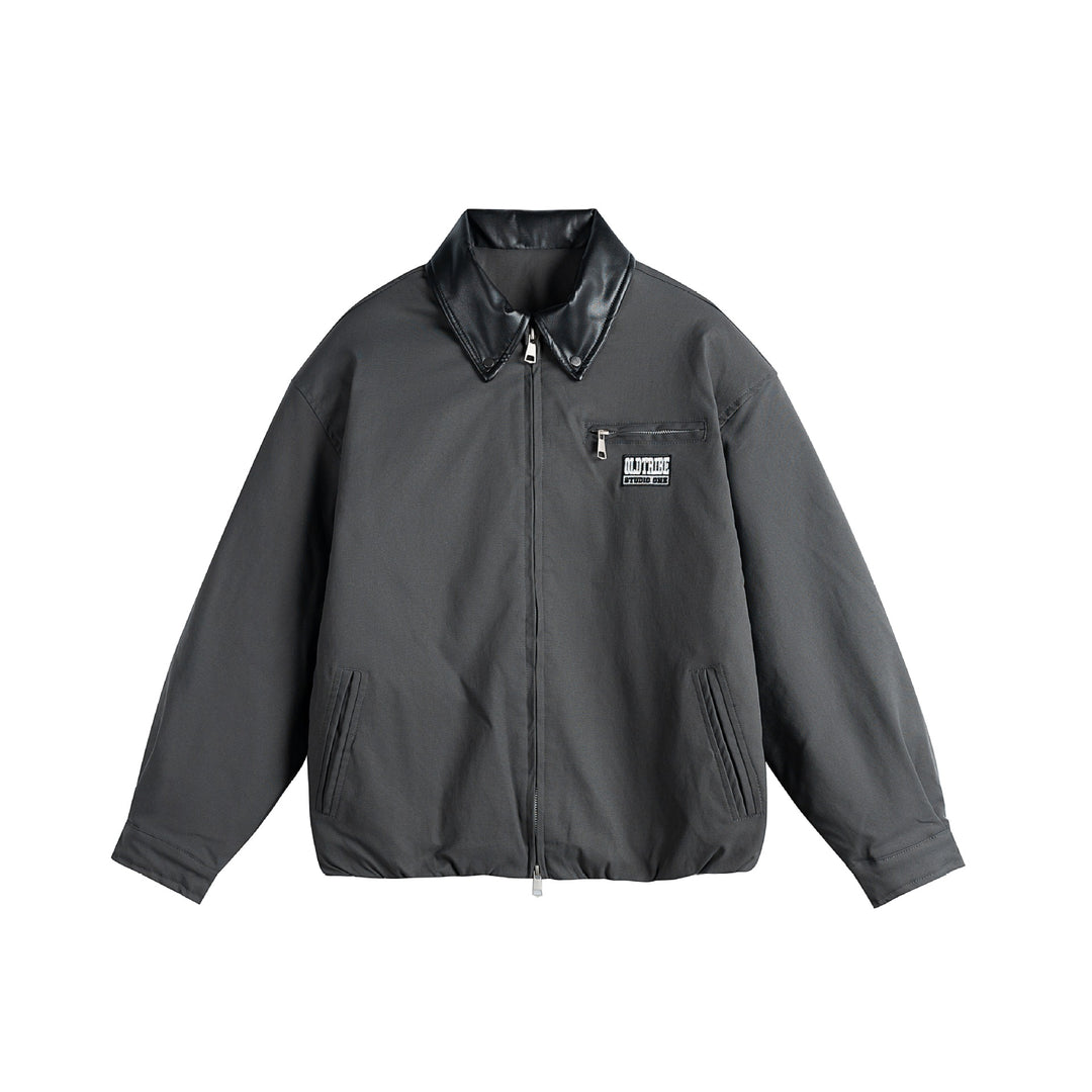 Unisex Oversized Blouson Jacket with Faux Leather Shawl Collar, Two-Way Zipper and Elastic Hem Mune Fashion