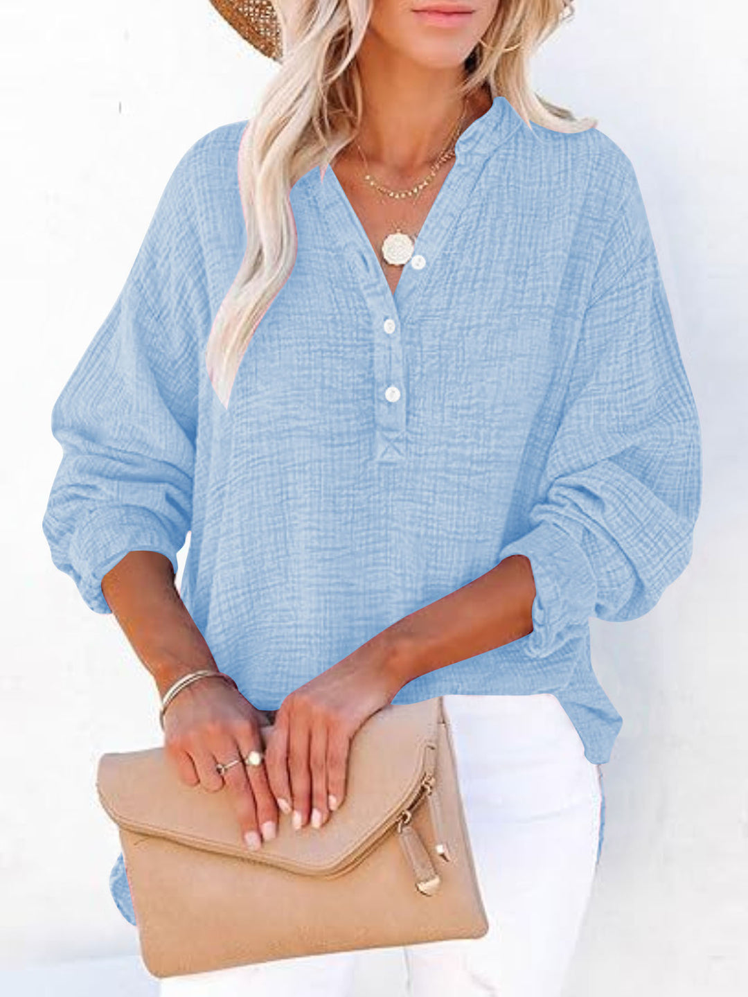 Women Oversize Textured Cotton Blouse with Henley Button Placket Mune Fashion