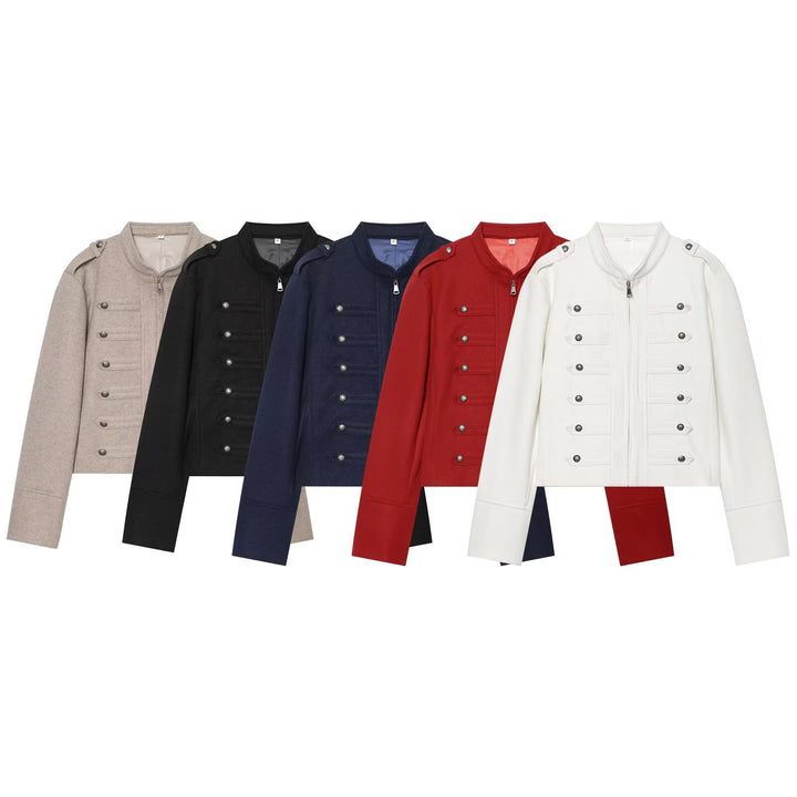 Women Military Inspired Short Wool Jacket with Stand Collar Mune Fashion