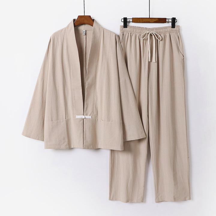 Men's Zen-inspired kimono loungewear set made of lightweight cotton blend with open cut and drawstring pants Mune Fashion