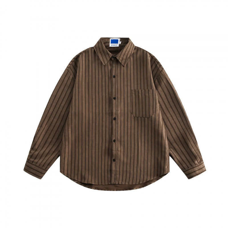 Unisex Loose-Fit Shirt with Vertical Pinstripe Structure, Patch Chest Pocket and Curved Hem Mune Fashion