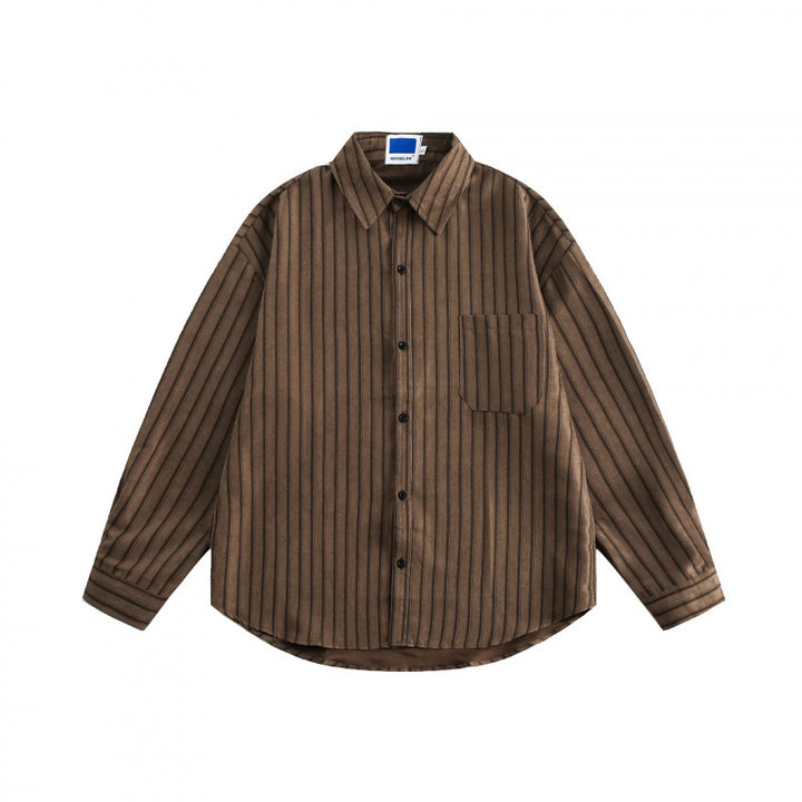 Unisex Loose-Fit Shirt with Vertical Pinstripe Structure, Patch Chest Pocket and Curved Hem Mune Fashion