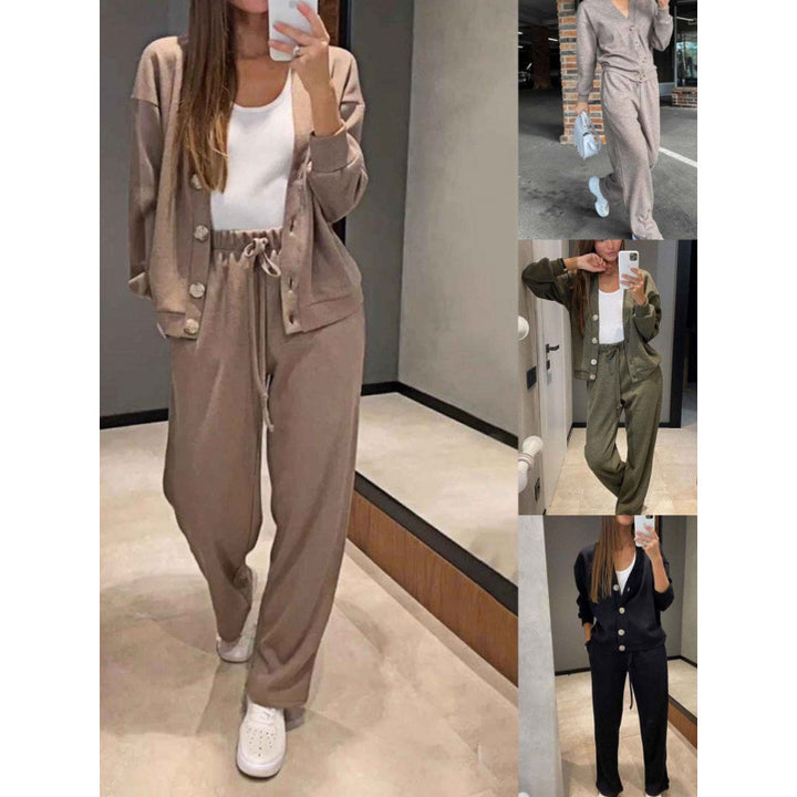 Women's Knit Loungewear Set with V-Neck Cardigan and Wide Drawstring Pants Mune Fashion