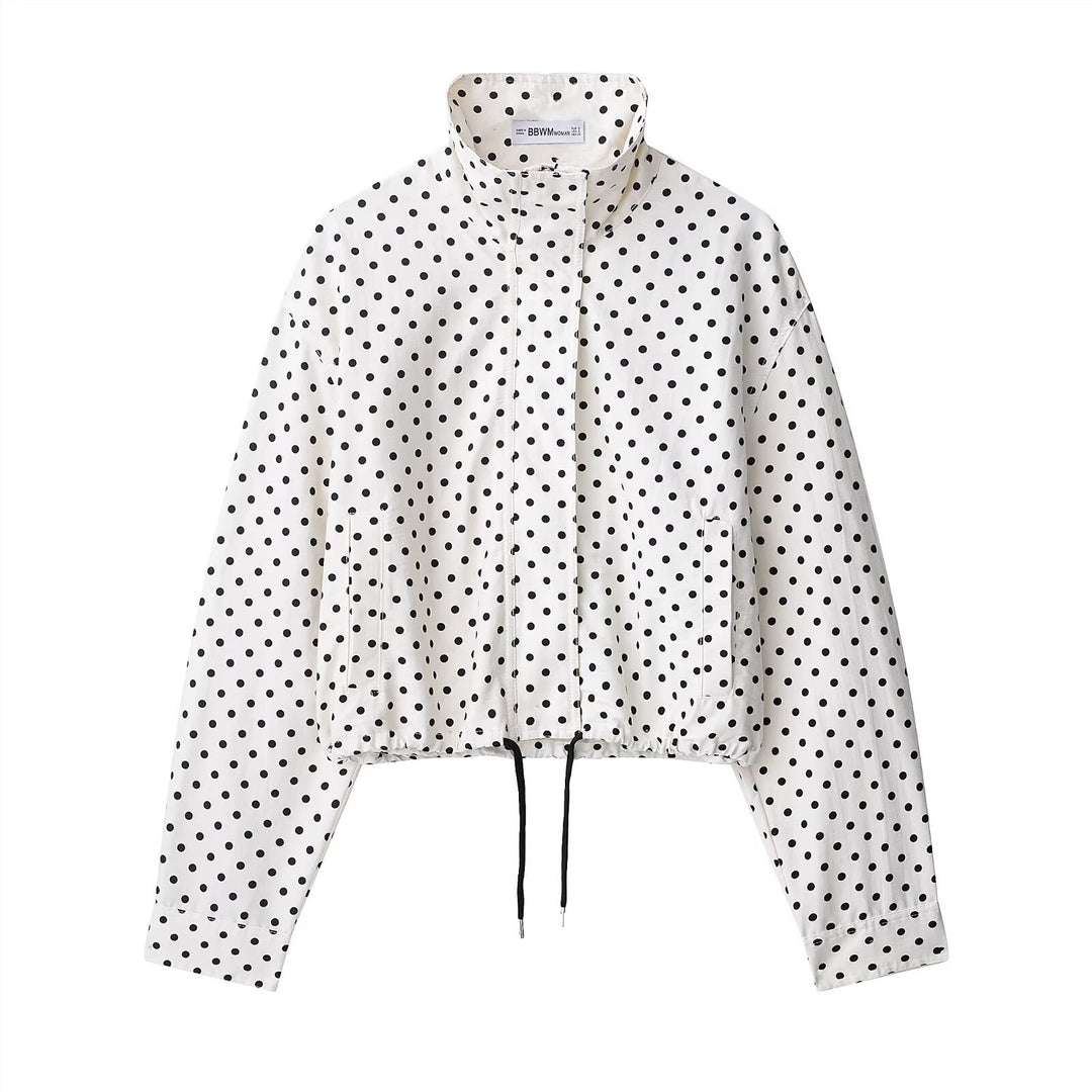 Women's Cropped Transition Jacket with Polka Dot, High Funnel Collar and Drawstring Mune Fashion