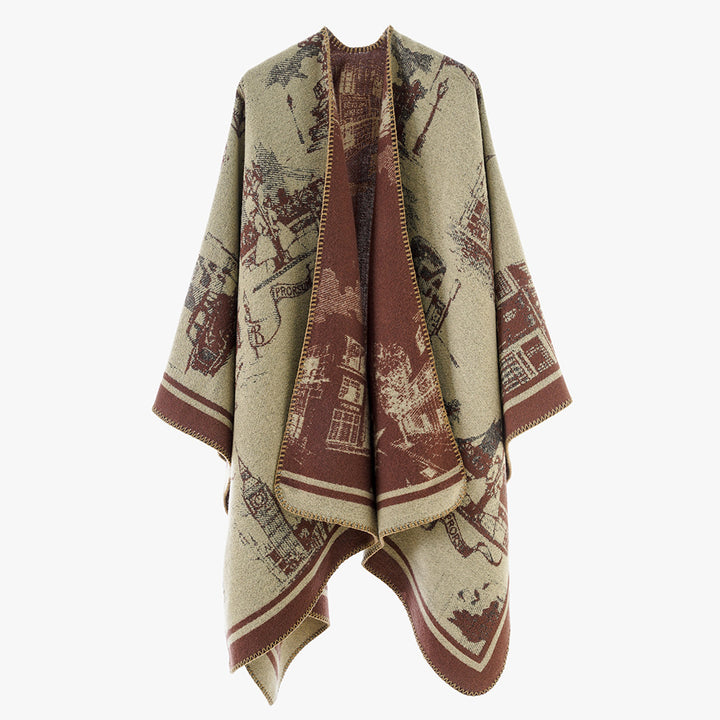 Women two-tone wool-look wrap with jacquard city motif and open waterfall front Mune Fashion