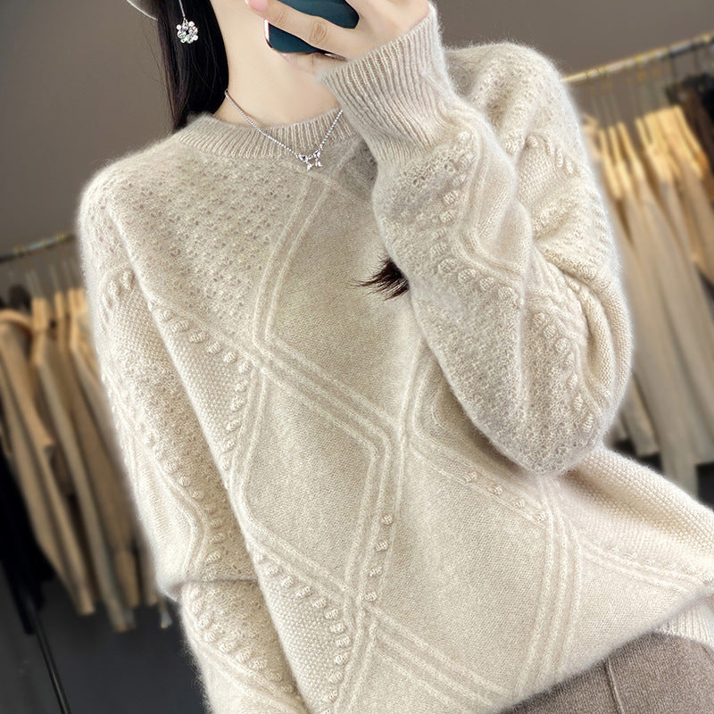 Ladies Cozy Mohair-Look Oversized Sweater with Diamond Structure and Bobble Details Mune Fashion