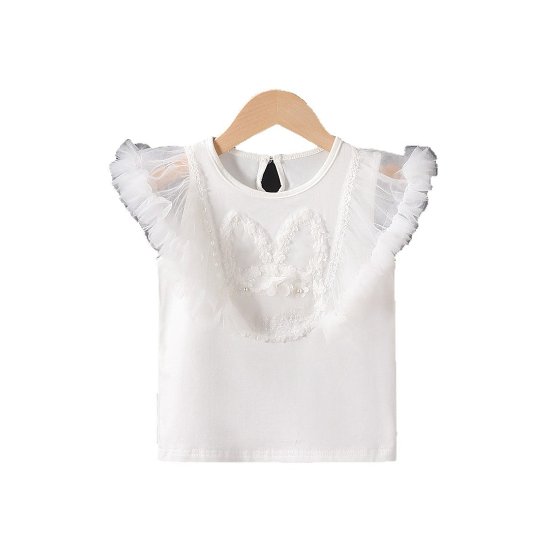 Girl T-Shirt with airy tulle sleeves and embroidered bunny motif Mune Fashion