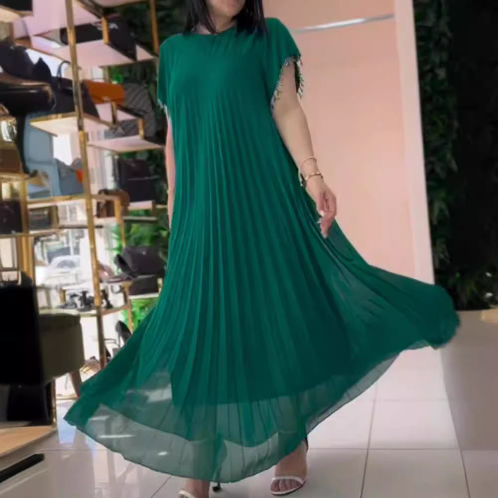 Women nan elegant chiffon pleated maxi dress with wide swing skirt and tassel sleeves Mune Fashion