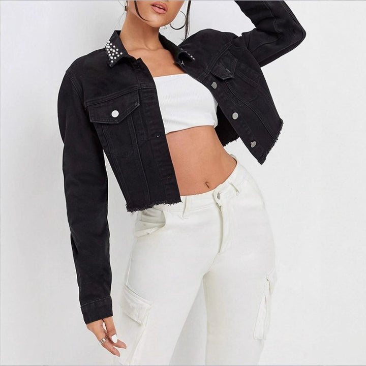 Women's Cropped Denim Jacket with Studded Collar, Frayed Hem and Flap Pockets Mune Fashion