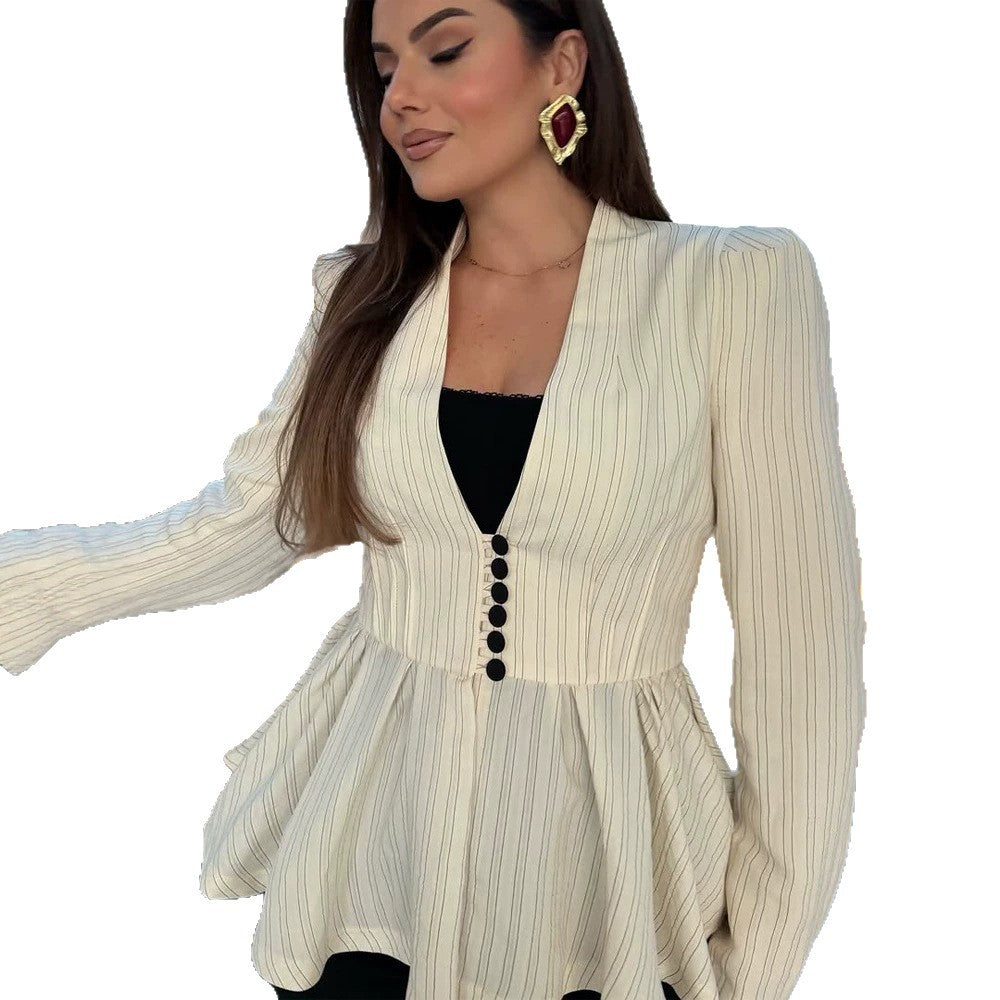Women's Tailored Peplum Blazer with V-Neck and Decorative Button Placket Mune Fashion