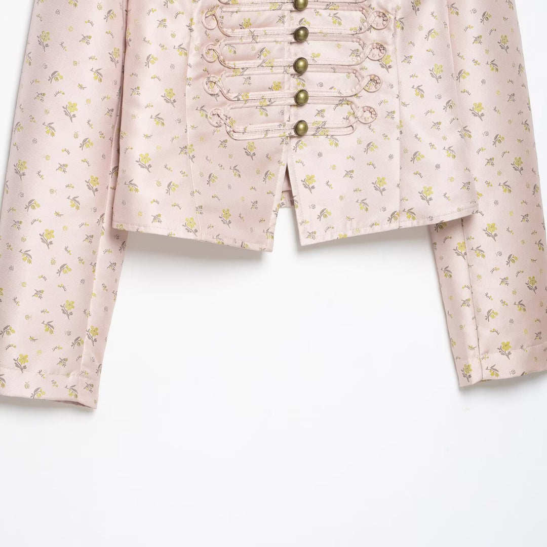 Women Cropped Satin Military Jacket with Stand-Up Collar and Decorative Frog Closure Mune Fashion
